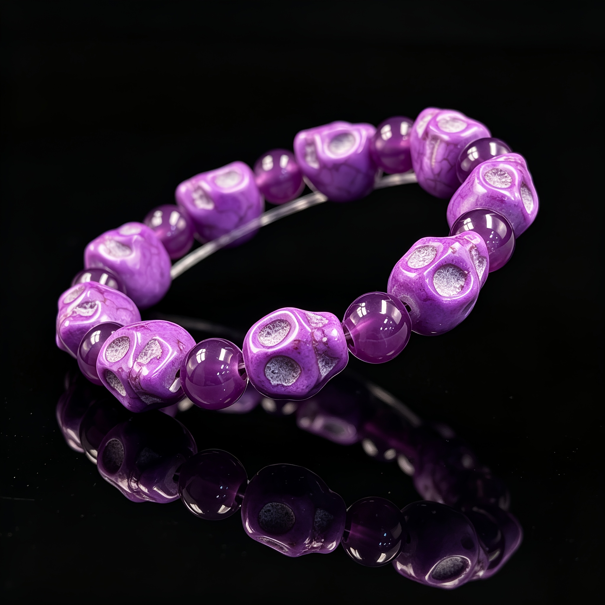 Carved Purple Skull Bracelet with Amethyst Beads